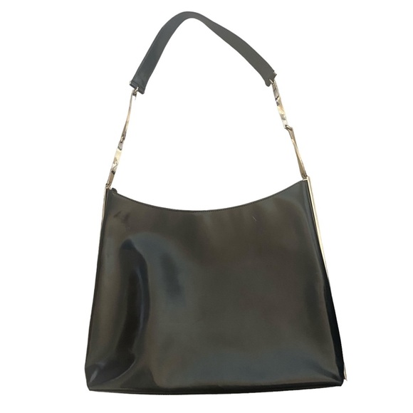 Vtg Ferragamo Black Chrome Chain Shoulder Bag black patent tote 90s Y2K